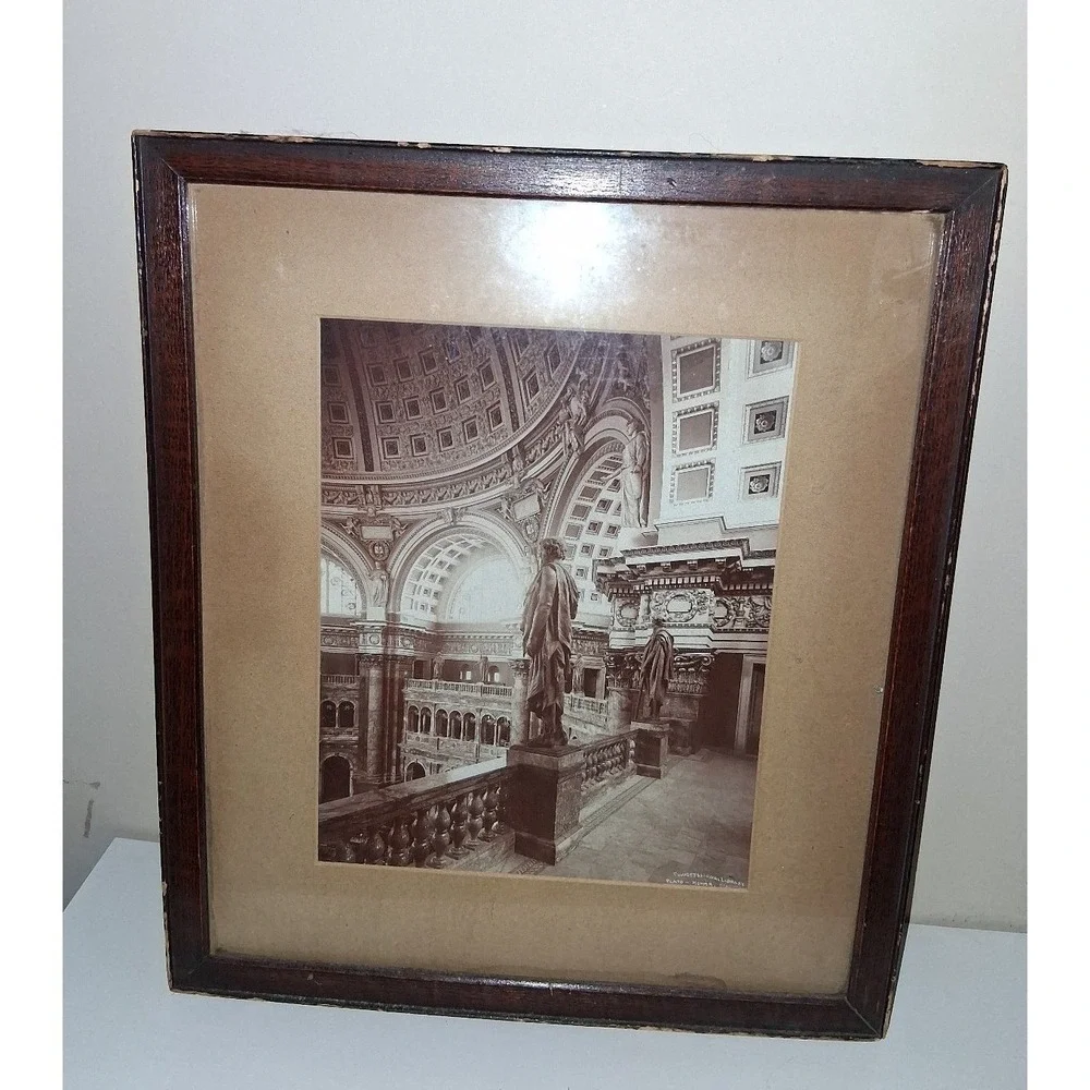 Vintage Congressional Library Architectural Print Framed Wall Art Dark Academia